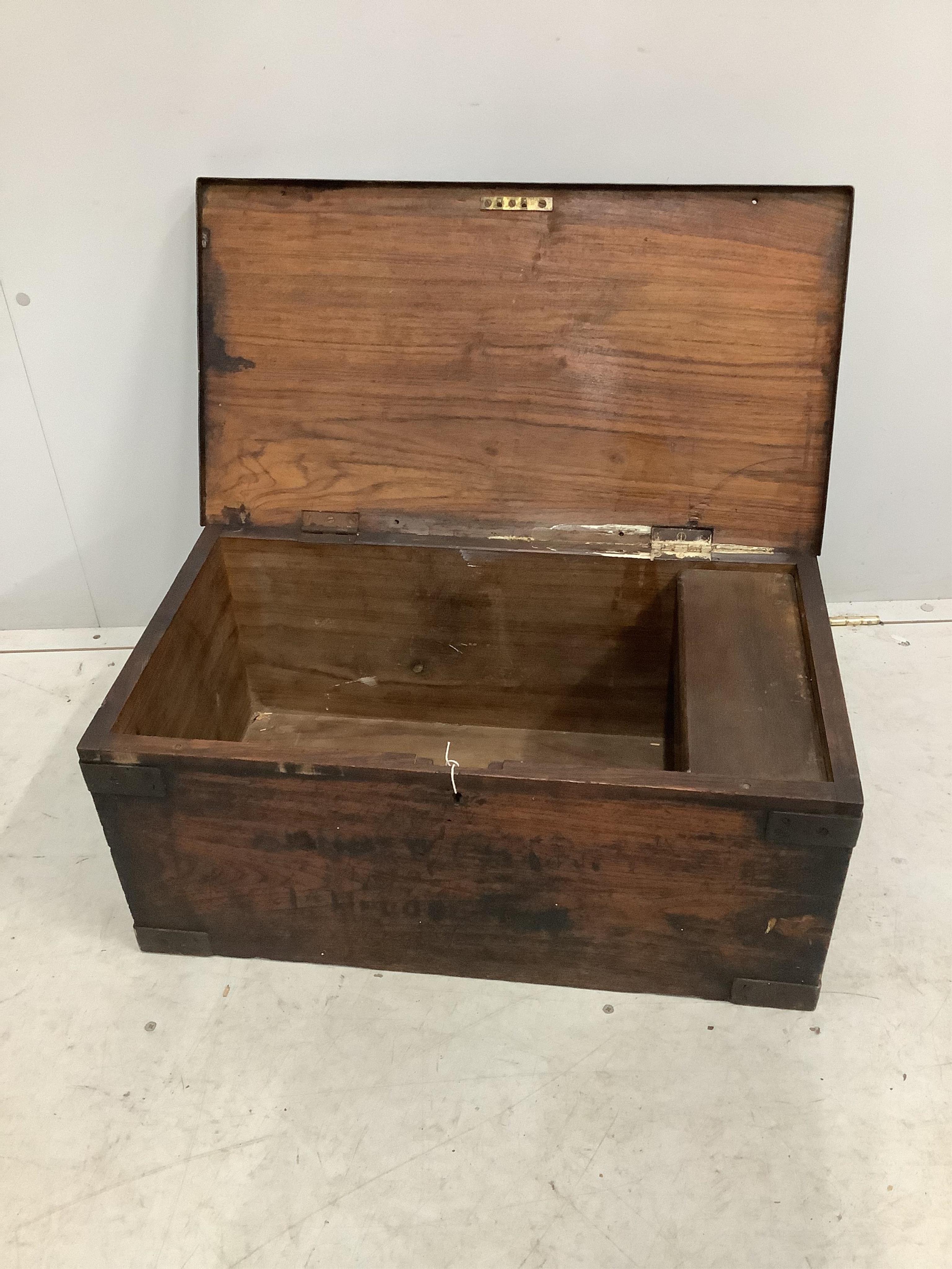 A 19th century steel bound teak trunk, width 67cm, depth 36cm, height 30cm. Condition - poor to fair